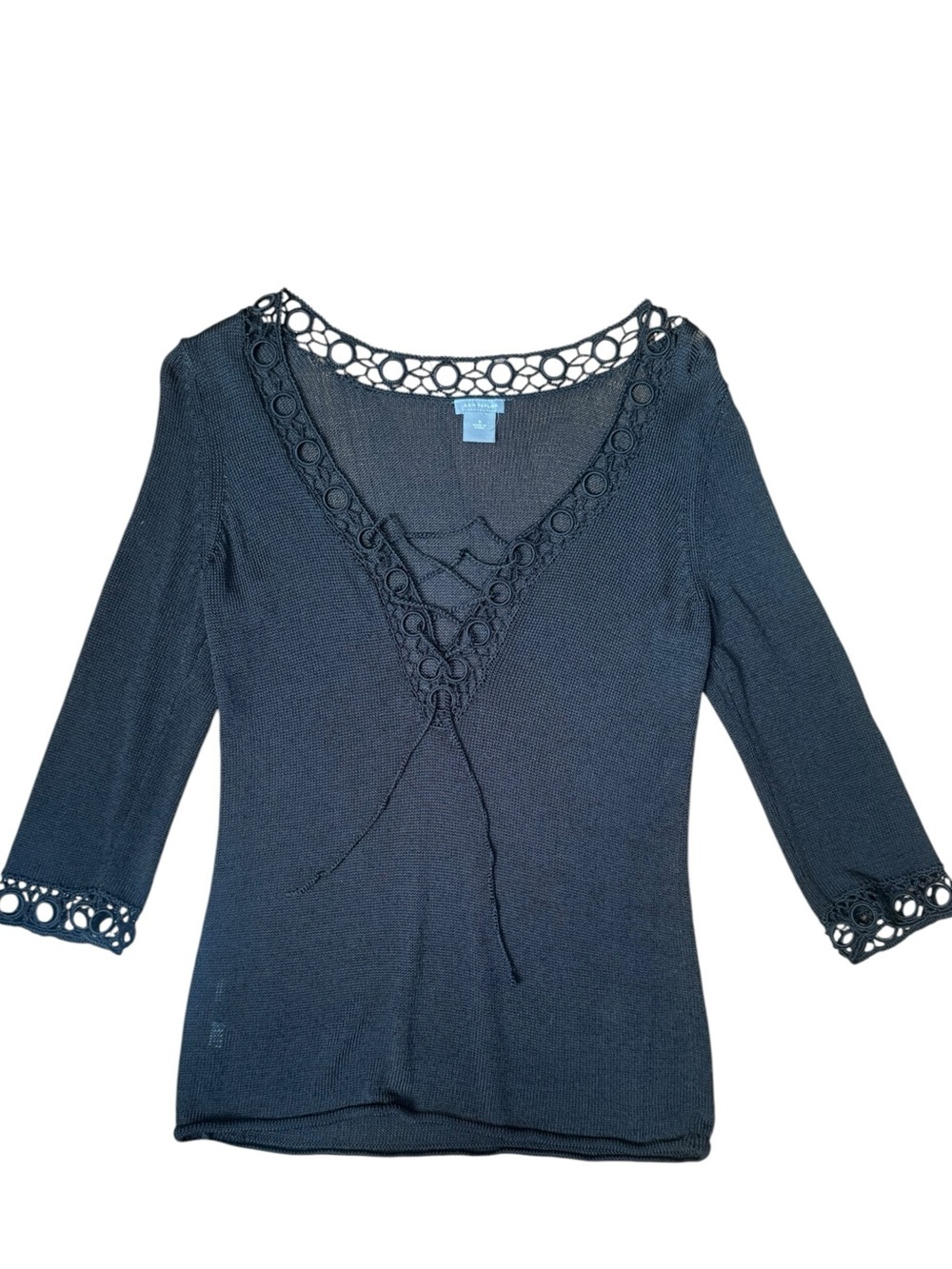Ann Taylor Vintage 1990’s Black Crochet-Trim Knit Top Cover Up
